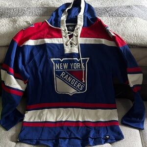 47 Brand Blue and Red New York Rangers Lace-Up Hoodie Mens